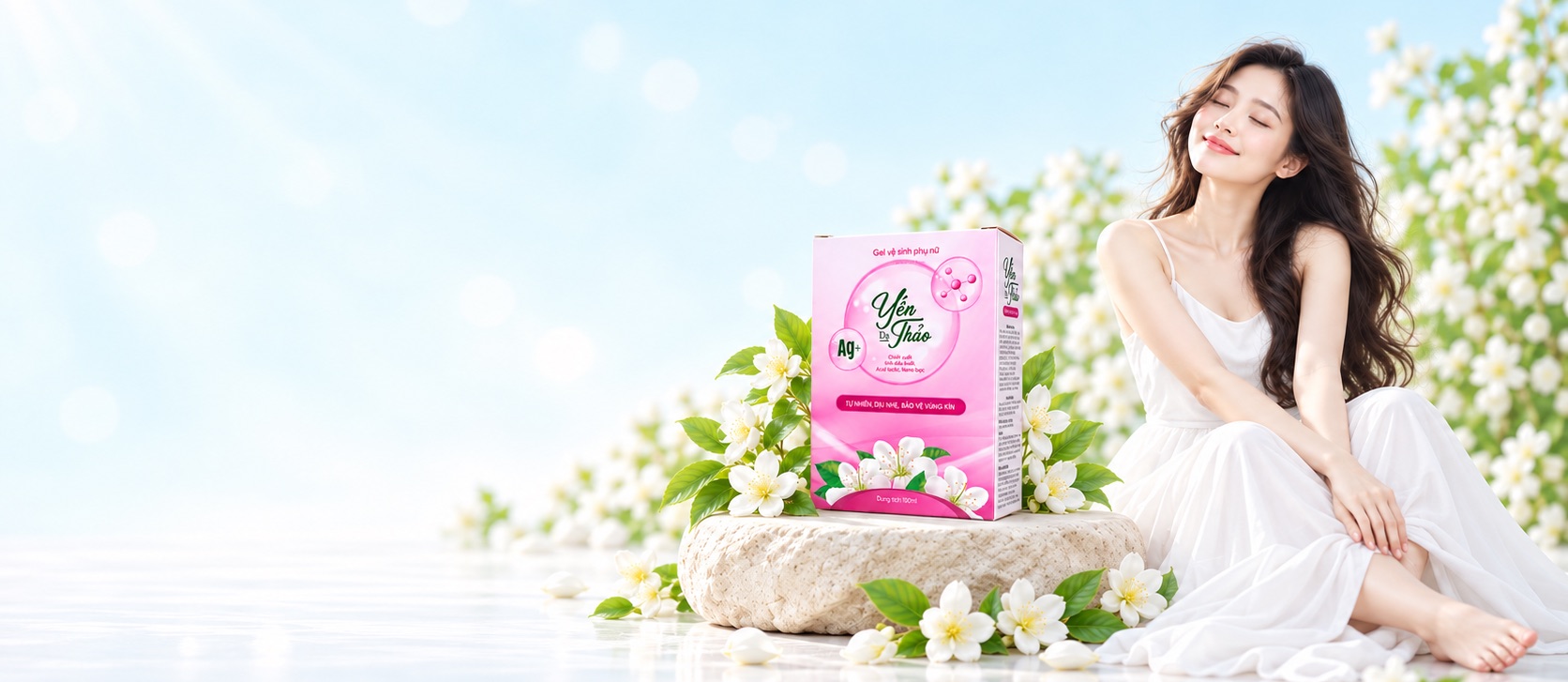 Phụ nữ mỉm cười bên hộp Dạ Yến Thảo giữa hoa nhài trắng