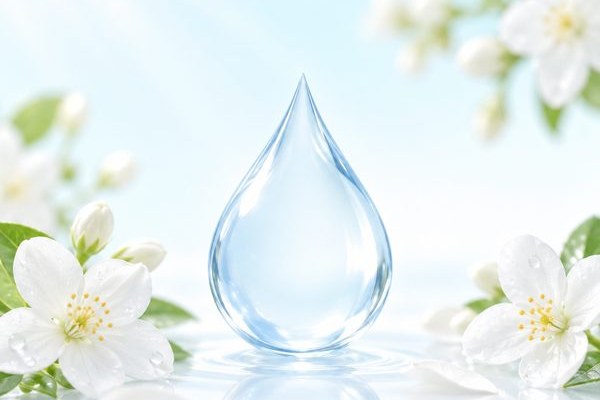 Giọt nước xanh nhạt đọng trên mặt nước, quanh là hoa nhài