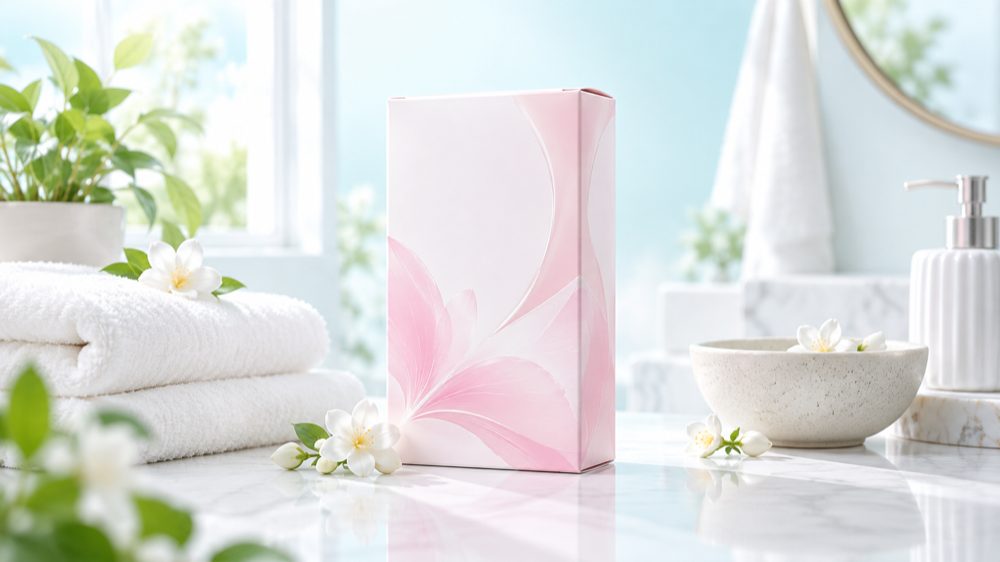 Hộp Dạ Yến Thảo đặt trên kệ phòng tắm sáng